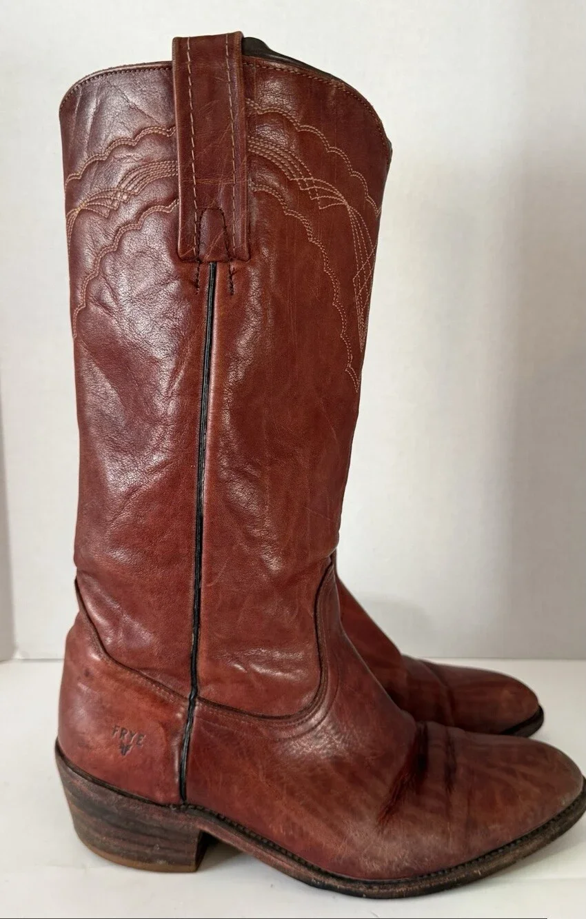 Vtg Frye Leather Cowboy Boots 3029 Brown Western Stitched USA 80s Sz 8.5 EE Wide